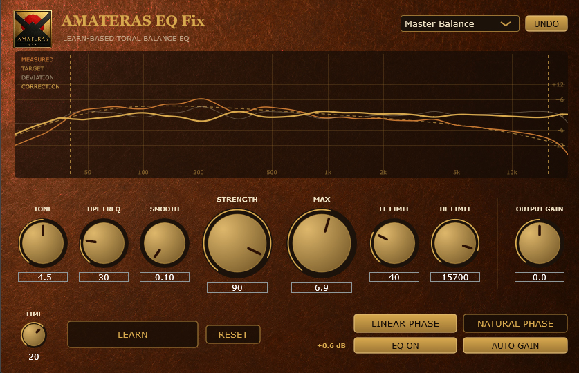 AMATERAS EQ Fixのプラグイン画面。Master Balanceプリセットを表示