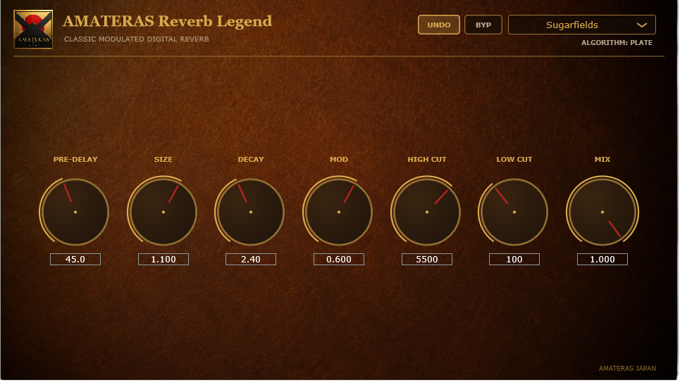 AMATERAS Reverb Legendのプラグイン画面。Sugarfieldsプリセットを表示